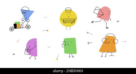 Abstrakte geometrische Cartoon-Kuriere, die Bestellungen annehmen, mit Kunden kommunizieren und Pakete, Pizza, Essen liefern. Stock Vektor