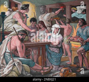 Die Bibel. Exodus. Das Pessach, Lamm, das gefressen wurde, bevor der Israelit die Sklaverei in Ägypten verließ. Gravur. Stockfoto