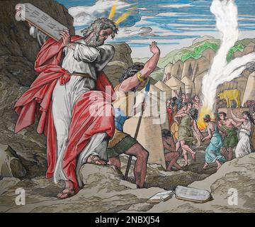 Die Götzenlehre des goldenen Kalbes. Moses zerstört die Steintafeln. Die Bibel. Exodus. Gravur. Stockfoto