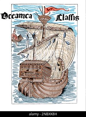 Der spanische Karavel „La Pinta“, den Christoph Kolumbus 1492 in Amerika entdeckte. Gravur von Christoph Kolumbus. Stockfoto