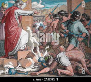 Der herr befiehlt Moses, die Götzenlehre des Volkes zu bestrafen. Exodus. Die Bibel. Gravur. Stockfoto