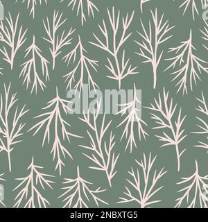 Handgezeichnetes nahtloses Muster mit beigen Cosmos-Blättern auf salbeigrünem Hintergrund. Elegantes, minimalistisches Blattwerk mit Bo-Bohemiandruck, neutrale Pastelltöne, Frühlingsgartenstoff, einfache Dekoration Stockfoto