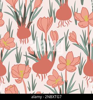 Handgezeichnetes nahtloses Muster mit orangefarbenen braunen Krokusblüten. Blumiger Frühlingsgarten Pflanzen Natur Laub, salbeigrüne Blätter, boho-Bohemian Design, elegante minimalistische Kunst Stockfoto