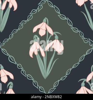 Handgezeichnetes nahtloses Muster mit Schneetropfen galanthus-Blume in Damast auf salbeigrünem dunkelschwarzem Hintergrund. Quadratisches Rhimbus-Muster, abstrakte geometrische Frühlingsnetze, Blumenkunst, minimalistische Blätter, Retro-Vintage Stockfoto