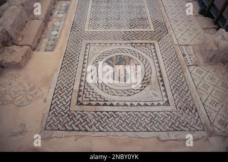 Mosaik in Ruinen von Bädern und Haus des Eustolios in der Ausgrabungsstätte Kourion im Inselland Zypern Stockfoto