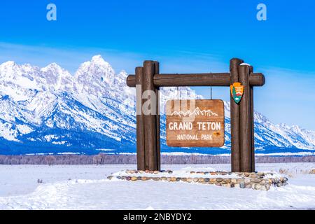 Schild Grand Teton National Park, Wyoming, USA Stockfoto
