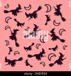 Halloween Muster mit Mond und fliegenden Hexen auf einem rosa Hintergrund Stock Vektor