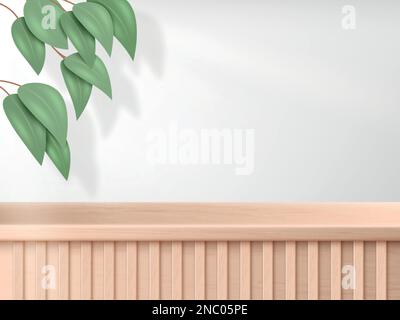 3D-Podium, ökologischer Naturhintergrund, leere Kosmetikausstellung. Produktstand aus Beauty-Holz, minimaler Holzboden, Pflanzenblatt, Präsentation. Standfuß der Museumsausstellung. Vektor-realistische Darstellung Stock Vektor