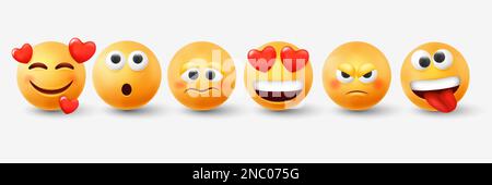 3D Emoticon, Ausdruck Emoji, gelbes, rundes Lächeln. Romantische und Überraschungsbälle mit Augen und Mund, fröhliches Herz, fröhliche lächelnde Gesichter, gutes Stimmungssymbol. Vektordarstellung isolierter Objekte Stock Vektor