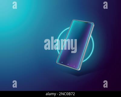 Smartphone-Hintergrund. Modernes Handy. Neonblauer Lichtkreis. Tischgerät. Neue mobile Oberflächentechnologie. Blaues Display. Heruntergefallenes Handy. Laden des isolierten Geräts. Vektordesign für leere Banner Stock Vektor