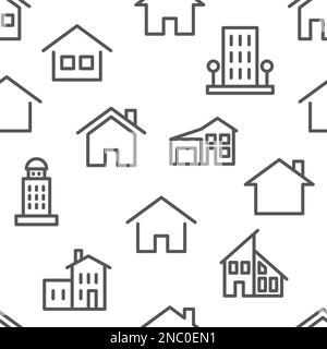 Handgezeichnetes Hausmuster. Kritzelei nach Hause. Zwielichtige Dorfgemeinde. Strukturierte Landschaftselemente. Minimalsymbole der Architektur. Wohngebäude. Cottages oder Apartments. Nahtloser Vektorhintergrund Stock Vektor