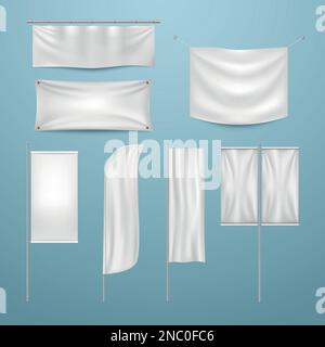 Strandflagge, weißes Bannermodell. Leere Textil-3D-Elemente-Vorlage, winkend auf Windstoff-Pennon auf Podest oder Fahnenstange, leere Event-Werbetuch Leinwand-Sammlung Vektor realistisch isoliertes Set Stock Vektor