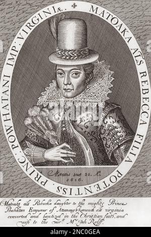 Pocahontas, geboren in Matoaka, bekannt als Amonute, c.1596-1617. Eine amerikanische Ureinwohnerin, die mit der Kolonialsiedlung in Jamestown, Virginia, in Verbindung gebracht wird. Sie heiratete den englischen Siedler John Rolfe. Sie starb in Gravesend, 1617, während einer Reise nach England. Sie soll den Siedler Captain John Smith vor dem Tod gerettet haben, als sie für ihn mit ihrem Vater, Powhatan, einem einheimischen Häuptling, eintrat. Nach einem Werk aus dem 18. Jahrhundert von Reinier Vinkeles. Stockfoto