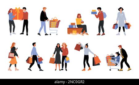 Die Leute kaufen im Einzelhandel ein. Käufer mit Taschen und Wagen. Personen, die im Geschäft einkaufen. Eine Frau im Kaufhaus. Mann mit Geschenken. Ein Paar trägt ein Geschenk. Freunde kaufen Kleidung. Vector-Flat-Shopping-Charaktere Stock Vektor