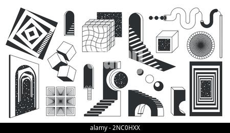 Surreale minimale Linien, schwarze Treppen, Bögen und Türen 3D Collage. Geometrische Figurenformen, abstraktes kreatives Universum, Retro-Illusionsraum. Einfarbige Elemente für die vom Konstruktionsvektor isolierte Illustration Stock Vektor