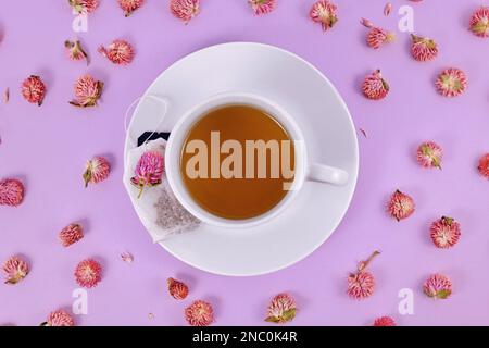 Tasse Tee, umgeben von getrockneten Amaranthen-Blumen auf violettem Hintergrund Stockfoto