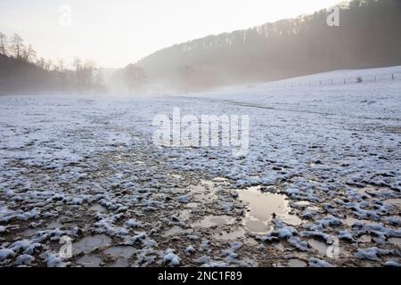 Europa, Luxemburg, Septfontainen, wasserdurchlässiges Feld mit Schnee im Winter Mist Stockfoto