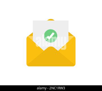 Umschlag mit bestätigtem Logo-Design. Genehmigungskonzept. E-Mail-Umschlag mit Ausrufezeichen. Umschlag und Dokument mit grünem Häkchen geöffnet. Stock Vektor