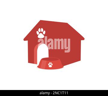 Hundehaus mit Fressschale, isoliert auf weißem Hintergrund, Logo-Design. Hundezwinger-Vektordesign und Illustration. Stock Vektor