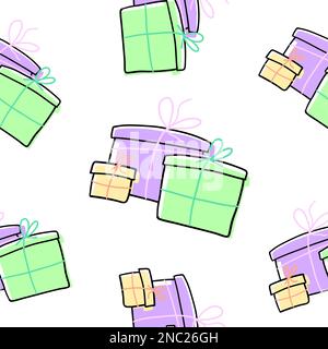Geschenke zu Weihnachten und Neujahr. Nahtloses Vektormuster im flachen Cartoon-Stil, isoliert auf weißem Hintergrund Stock Vektor