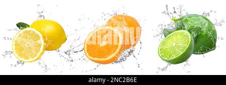 Frisches Obst Rendern Grafik mit Wasserspritzer auf isoliertem weißem Hintergrund für die Küche | Zitrone, Orange und Limette Stockfoto