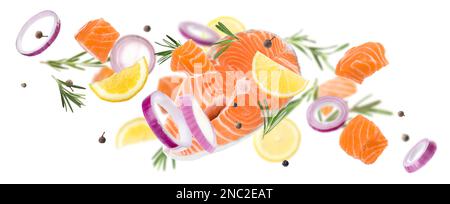 Köstlicher frischer roher Lachs und verschiedene Gewürze auf weißem Hintergrund. Bannerdesign Stockfoto