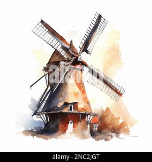 Windmühle in Aquarellfarben, handgemalt, um Brot auf dem Land zu machen Stockfoto