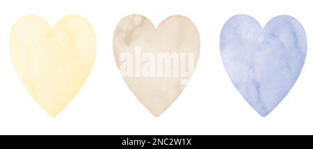 Aquarell abstrakte Herzen auf isoliertem Hintergrund in süßen pastellblauen und gelben Farben. Strukturierte Formen für Grußkarten oder Hochzeitseinladungen. Handgezeichnete Abbildungen. Symbol der Liebe. Stockfoto