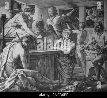 Die Bibel. Exodus. Das Pessach, Lamm, das gefressen wurde, bevor der Israelit die Sklaverei in Ägypten verließ. Gravur Stockfoto