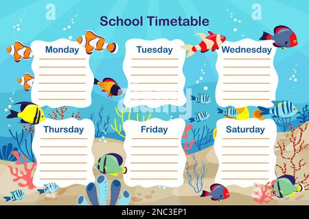 Schulfahrplan Meeresthema Design Fischkorallen Vektorvorlage. Druckbare Vorlage für wöchentlichen Lehrplan Stock Vektor