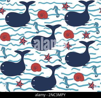 Nautisches Muster mit Walen, Seesternen, Muscheln und Seepferdchen Stock Vektor