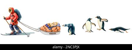 Darstellung von Tieren und Spediteuren am Südpol. Qualitativ hochwertige Darstellung Stockfoto