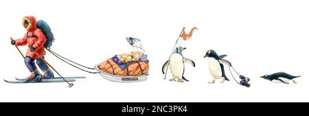 Darstellung von Tieren und Spediteuren am Südpol. Qualitativ hochwertige Darstellung Stockfoto