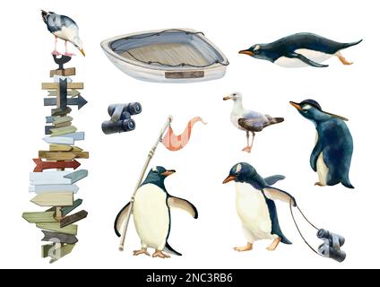 Darstellung von Tieren und Spediteuren am Südpol. Qualitativ hochwertige Darstellung Stockfoto