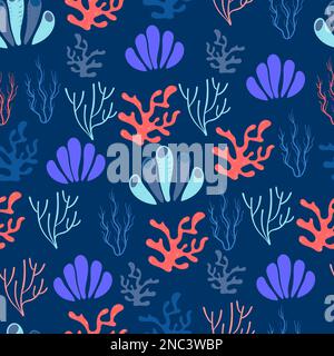 Korallenalgen Meerespflanzen nahtloses Muster. Nautischer Vektorabdruck. Abstrakter ozeanischer Hintergrund. Stock Vektor