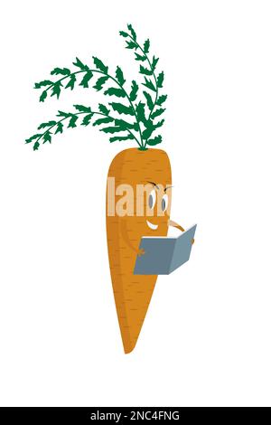 Die Karottenpflanze liest ein Buch, eine Illustration für Kinder zum Thema des Internationalen Buchtages Stock Vektor