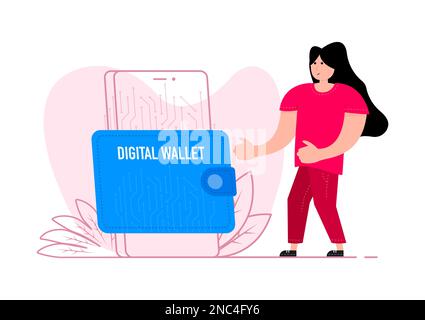 Eine Frau steht in der Nähe des Smartphones, auf dem Bildschirm digitale Brieftasche. E-Wallet, finanzielle Einsparungen und Online-Zahlung. Stock Vektor
