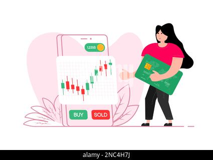 Eine Frau steht in der Nähe des Smartphones, auf dem Bildschirm des Börsenkurses. Handel, Forex. Ausgezeichnete Investition. Stock Vektor