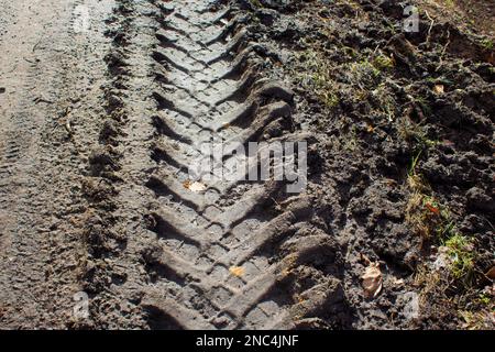 Radspuren von einem Lkw auf dem Schmutz. Eine kaputte Straße. Stockfoto