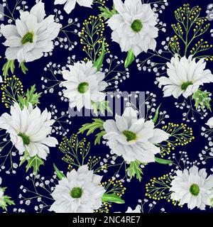 Handgezeichnetes, nahtloses, wasserfarbenes Blumenmuster auf dunklem Hintergrund. Ein kleiner Teil der großen BLUME Stockfoto