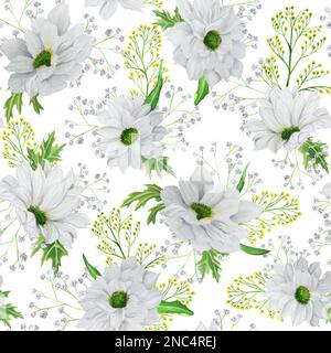 Handgezeichnetes, nahtloses, wasserfarbenes Blumenmuster auf weißem Hintergrund. Ein kleiner Teil der großen BLUME Stockfoto