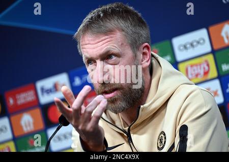 Dortmund, Deutschland. 14. Februar 2023. Fußball: Champions League, vor der 16. Runde erste Etappe Borussia Dortmund - Chelsea FC. Chelsea Coach Graham Potterbeantwortete Fragen während der Pressekonferenz vor der Champions League gegen Borussia Dortmund. Kredit: Federico Gambarini/dpa/Alamy Live News Stockfoto