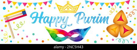 Happy Purim, Chag Purim Sameach - traditionelle Begrüßung mit bunter Karnevalsmaske. Farbenfrohe Karnevalsmaske, Hainashen, Rasierwasser, Krone und Girlanden Stock Vektor