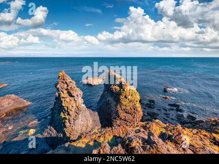 Zwei Klippen am Ufer des kleinen Fischerdorfs Arnarstapi oder Stapi, Island, Europa. Atemberaubende Sommerlandschaft des Atlantischen Ozeans. Reisekonzept b Stockfoto