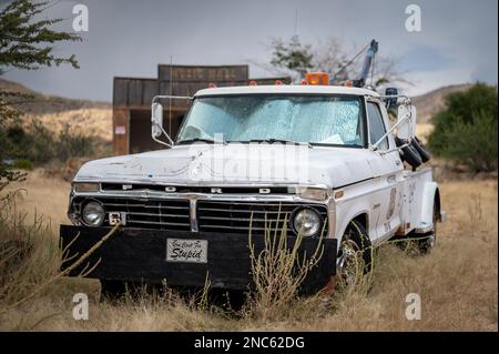 Ein weißer, alter, verlassener Abschleppwagen der Ford F-Serie in der sechsten Generation auf dem Rasen Stockfoto
