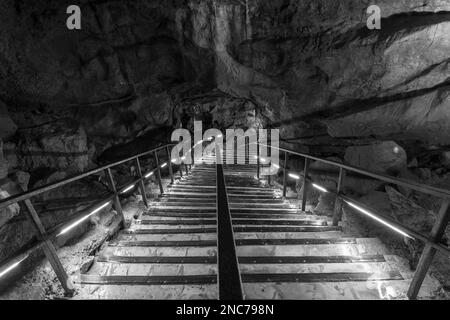 Eine beleuchtete Treppe in der Goughs Cave in Cheddar in Somerset Stockfoto