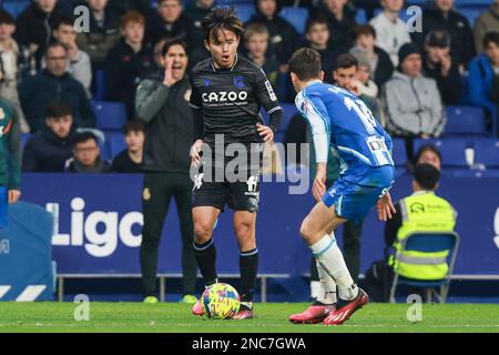 Barcelona, Spanien. 13/02/2023, Takefusa Kubo von Real Sociedad in Aktion während des Spiels La Liga zwischen RCD Espanyol und Real Sociedad im RCDE-Stadion in Barcelona, Spanien. (Foto von Gerard Franco Dax Images) Stockfoto