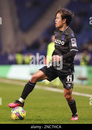 Barcelona, Spanien. 13/02/2023, Takefusa Kubo von Real Sociedad in Aktion während des Spiels La Liga zwischen RCD Espanyol und Real Sociedad im RCDE-Stadion in Barcelona, Spanien. (Foto von Gerard Franco Dax Images) Stockfoto