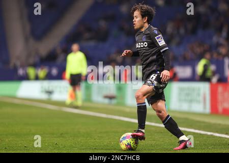 Barcelona, Spanien. 13/02/2023, Takefusa Kubo von Real Sociedad in Aktion während des Spiels La Liga zwischen RCD Espanyol und Real Sociedad im RCDE-Stadion in Barcelona, Spanien. (Foto von Gerard Franco Dax Images) Stockfoto