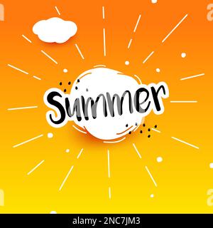 Schriftzug Summer. Leuchtend gelbes Banner mit weißer Papiersonne und Strahlen Stock Vektor